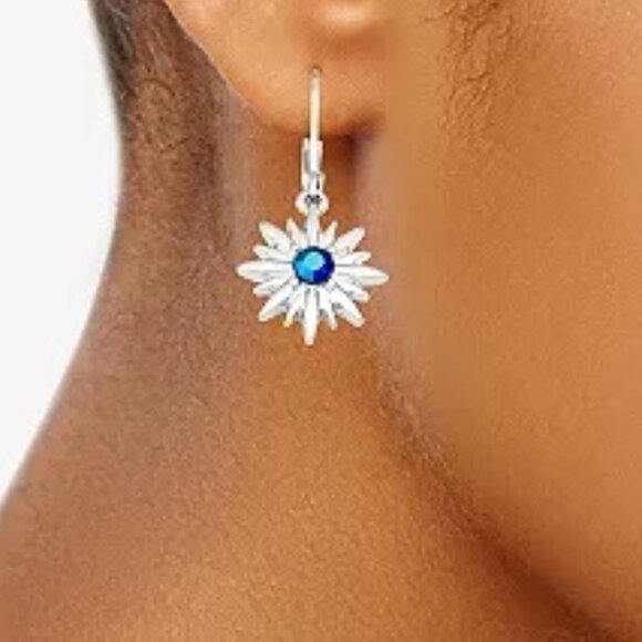 VERA WANG Celestial Starburst Silver/Blue Iridescent Crystal Lever Back Earrings - Picture 2 of 3